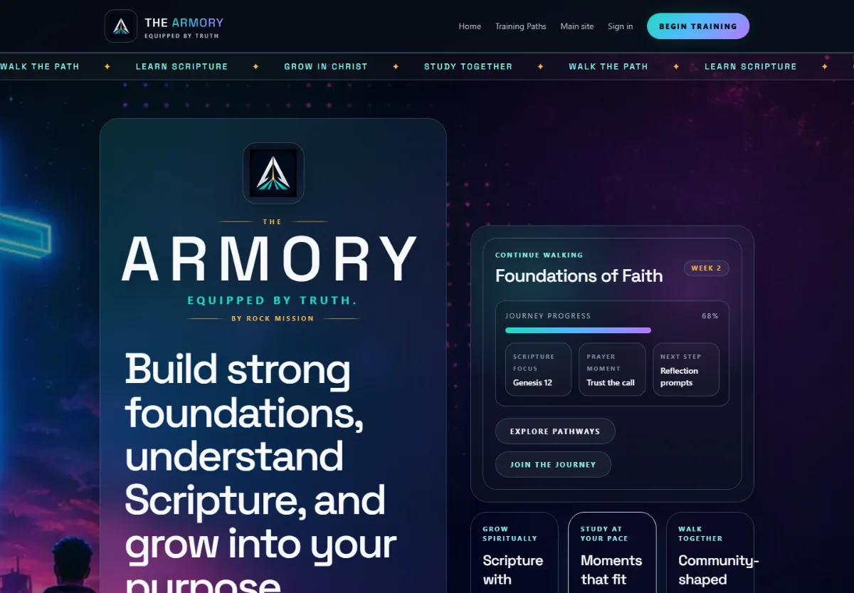 The Armory public landing page with its Equipped by Truth brand and training-path introduction