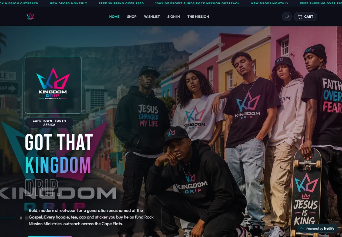 Kingdom Drip storefront with branded faith apparel and a Cape Town streetwear hero