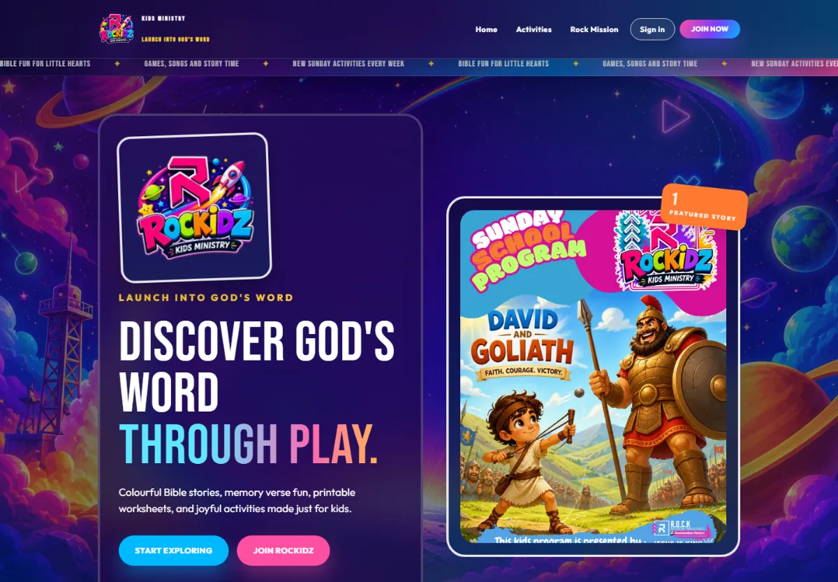 Rockidz Kids Corner public landing page with colourful space artwork and Bible story activities