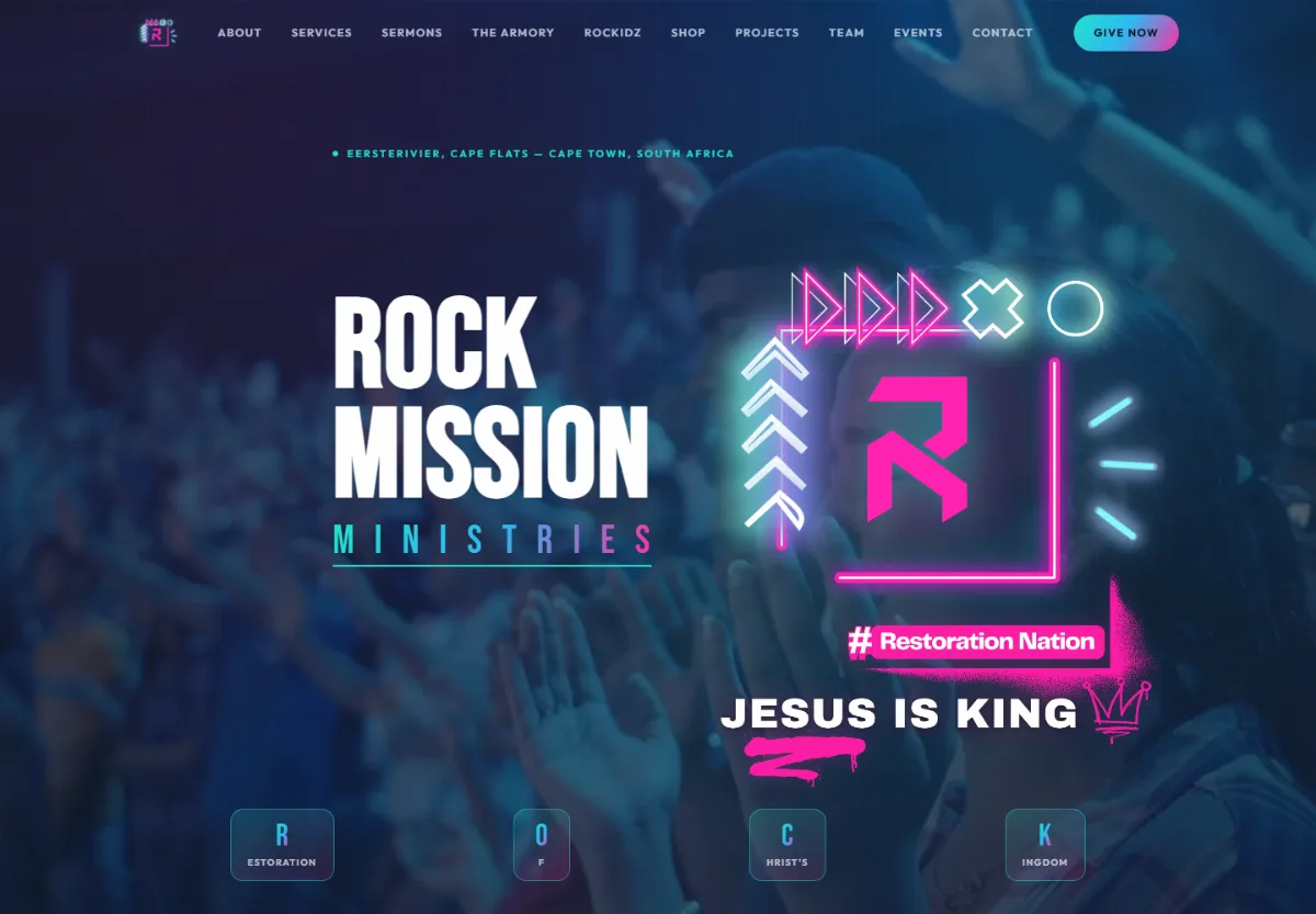 Rock Mission Ministries website with cyan and pink identity and the message Jesus is King