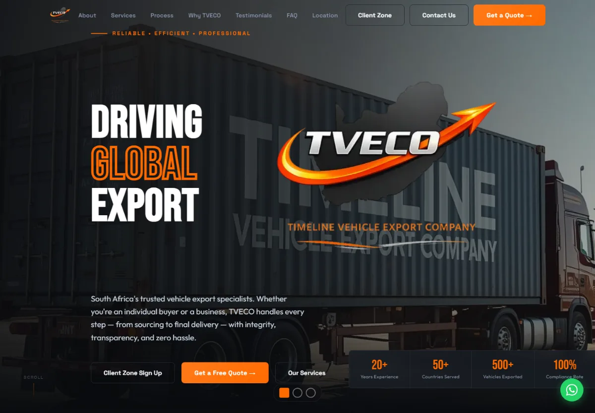 TVECO website with orange export branding, a shipping-container background and vehicle export services